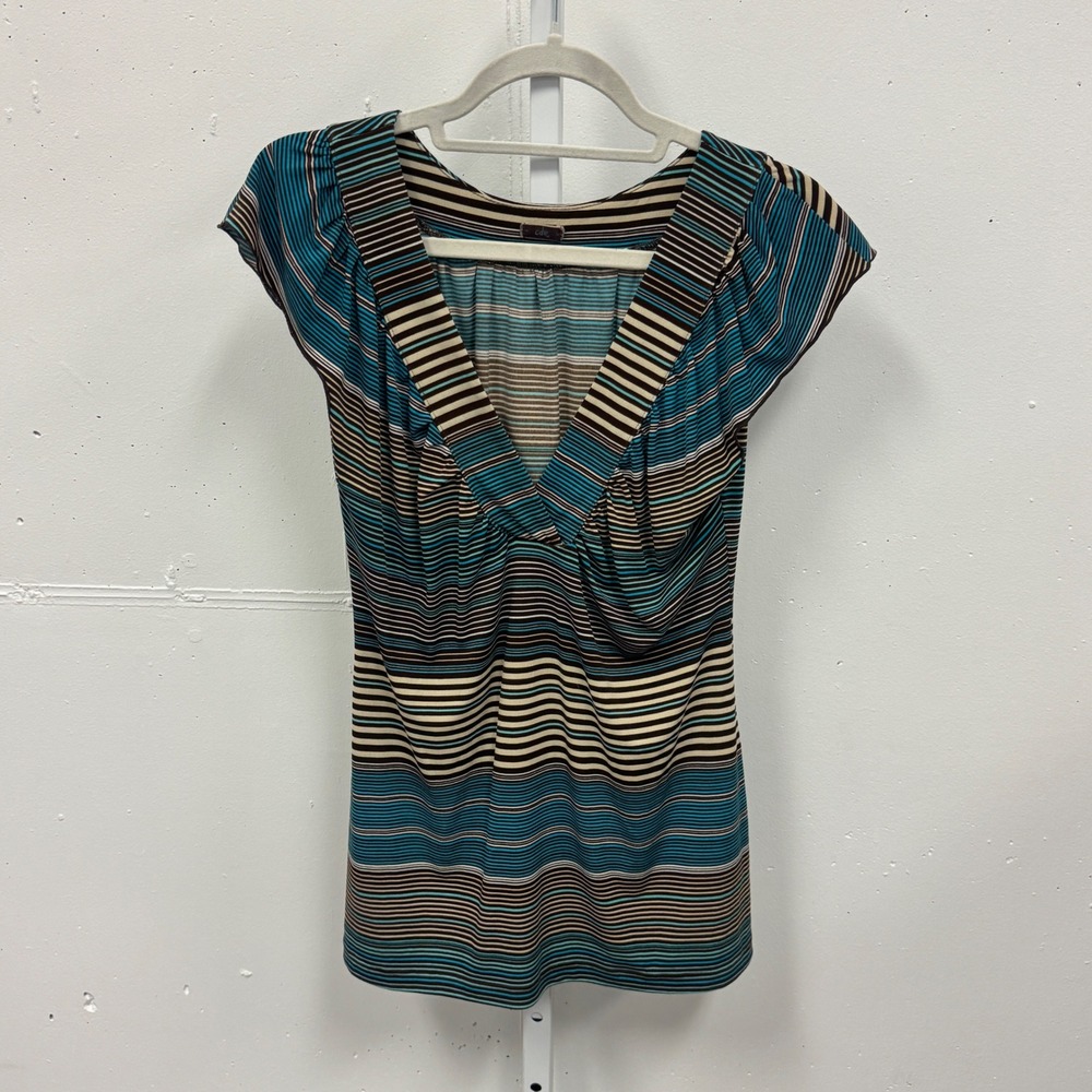 Y2K 2010s CDR Multi Color Striped V-Neck Cap Sleeve Top VIP5671 Large Teal Brown